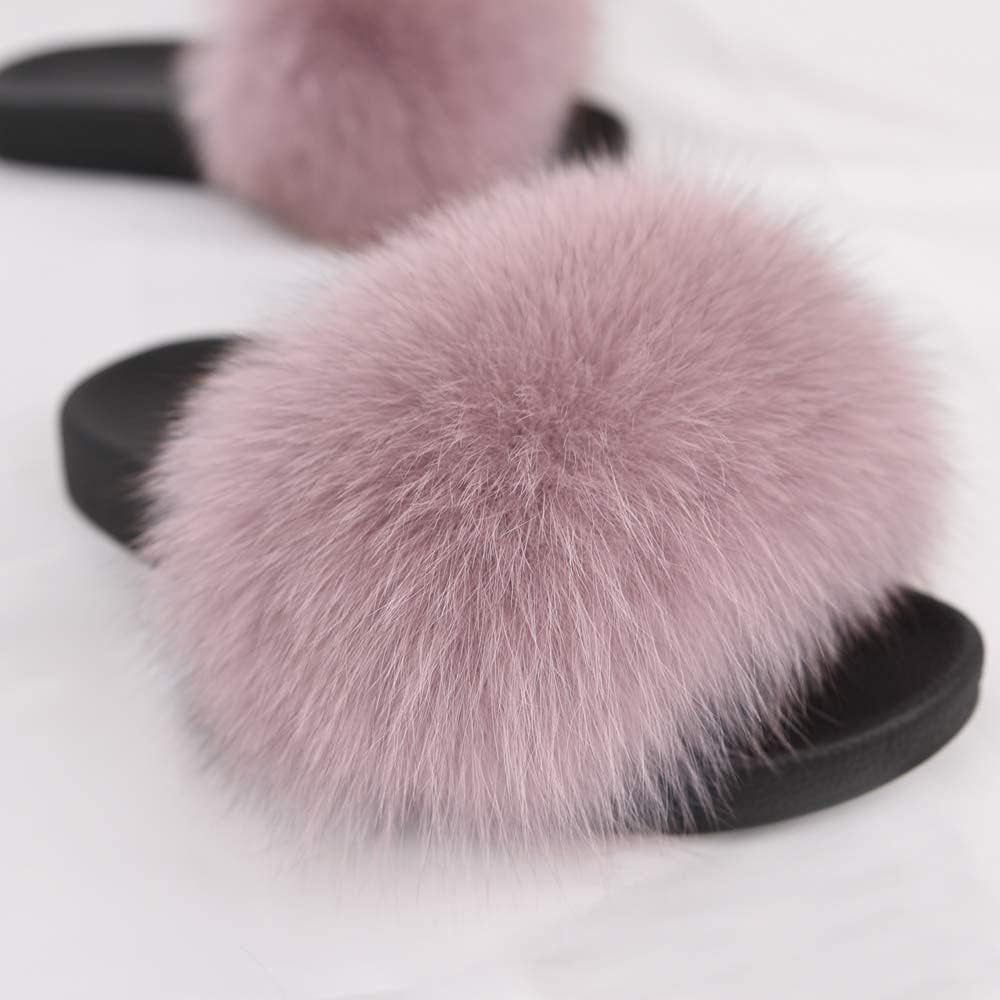 Real Fox Fur Slides for Women - Furry Slides Fluffy Fur Slippers Open Toe Flat Slides Fur Sandals Outdoor