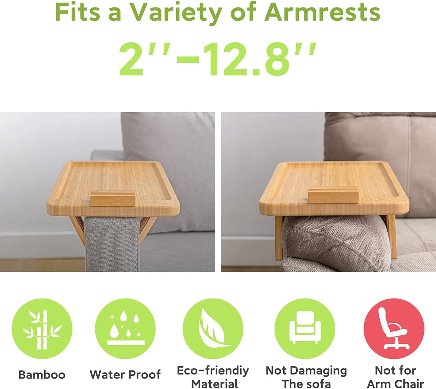 Bamboo Sofa Clip on Side Table for Wide Couches Arm, Foldable Couch Tray with 360° Rotating Phone Holder, Armrest Table for Eating/Drinks/Snacks/Remote/Control