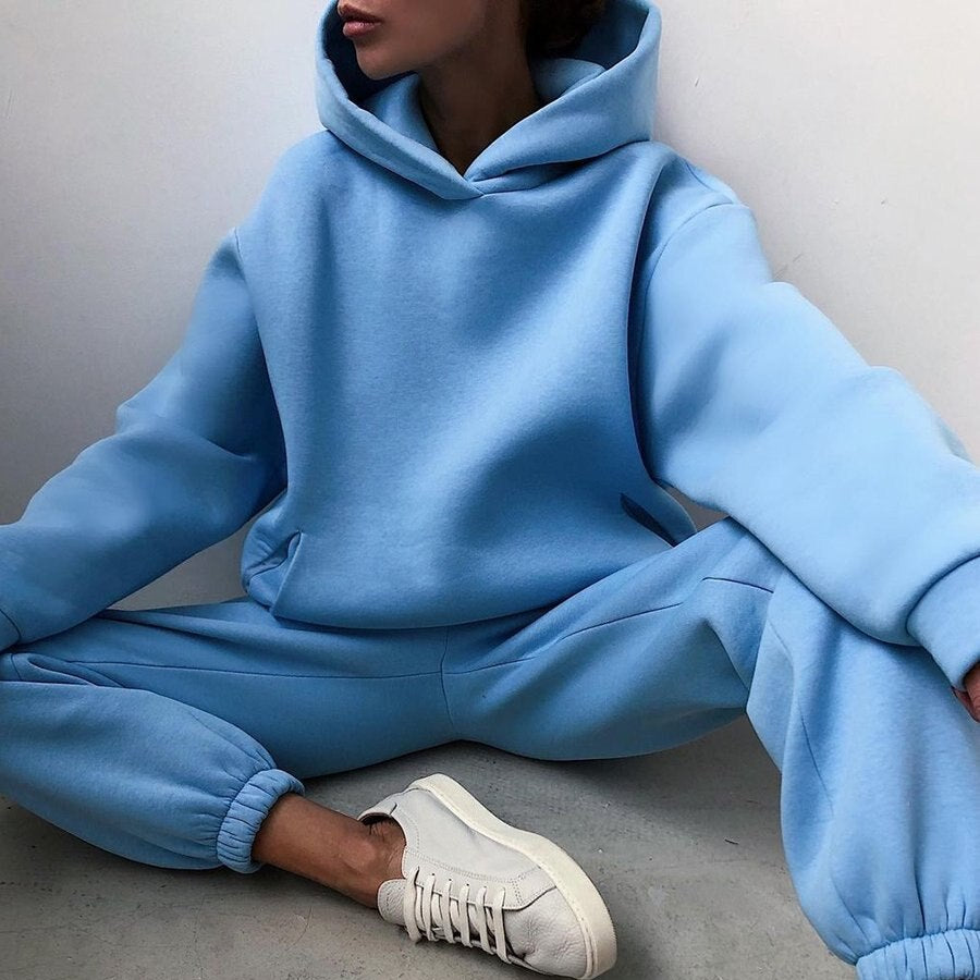 Women Fleece Two Piece Sets Elegant Solid Color Oversized Warm Hoodies and Long Pant Sports Suit Autumn Winter Tracksuit 2021