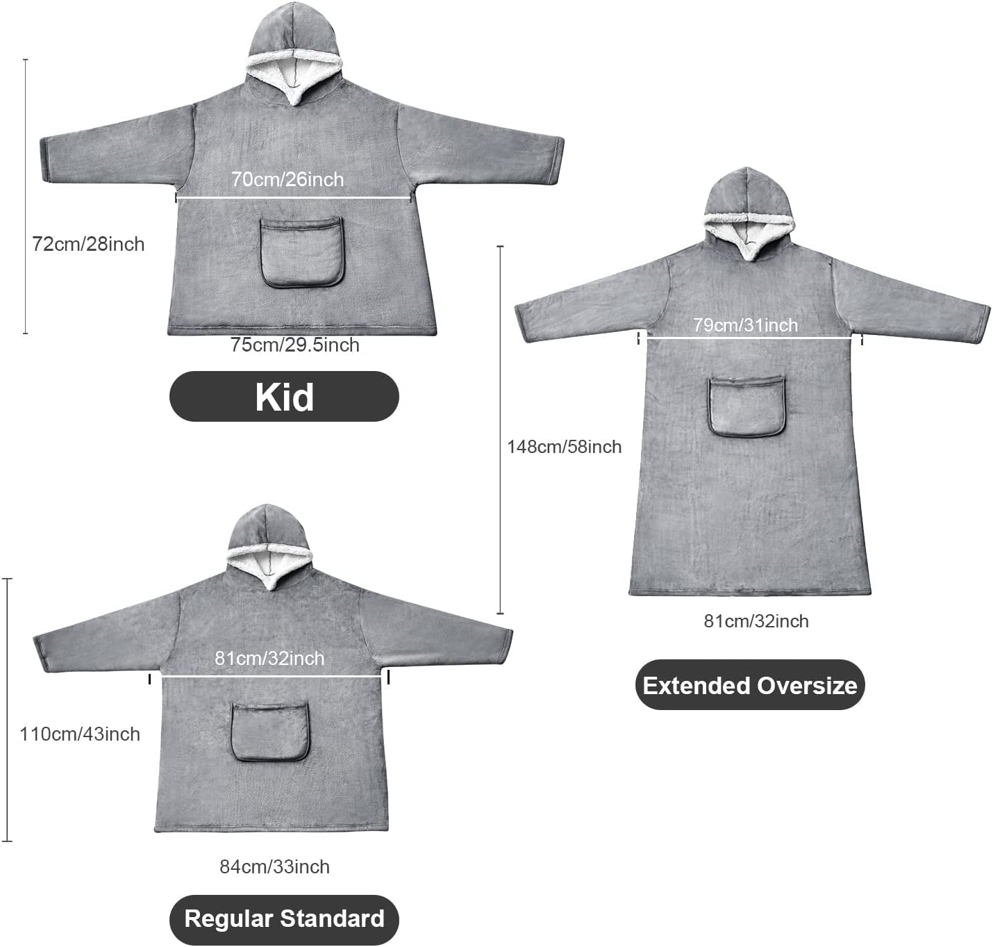 Wearable Blanket Hoodie for Men and Women, Hoodie Blanket with Pockets and Sleeves Sweatshirt for Adults as a Gift - Grey Short