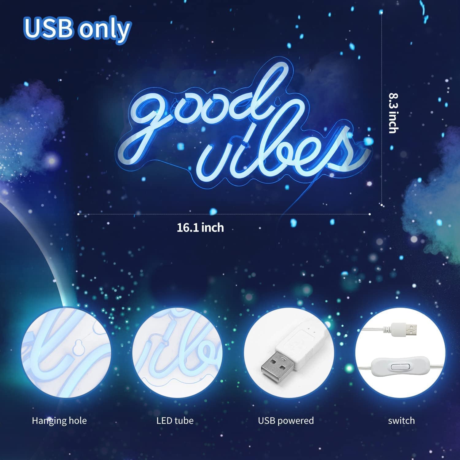 Good Vibes Neon Sign for Bedroom Wall Decor Powered by USB Neon Light, Ice Blue Color,16.1"X8.3"X0.6"