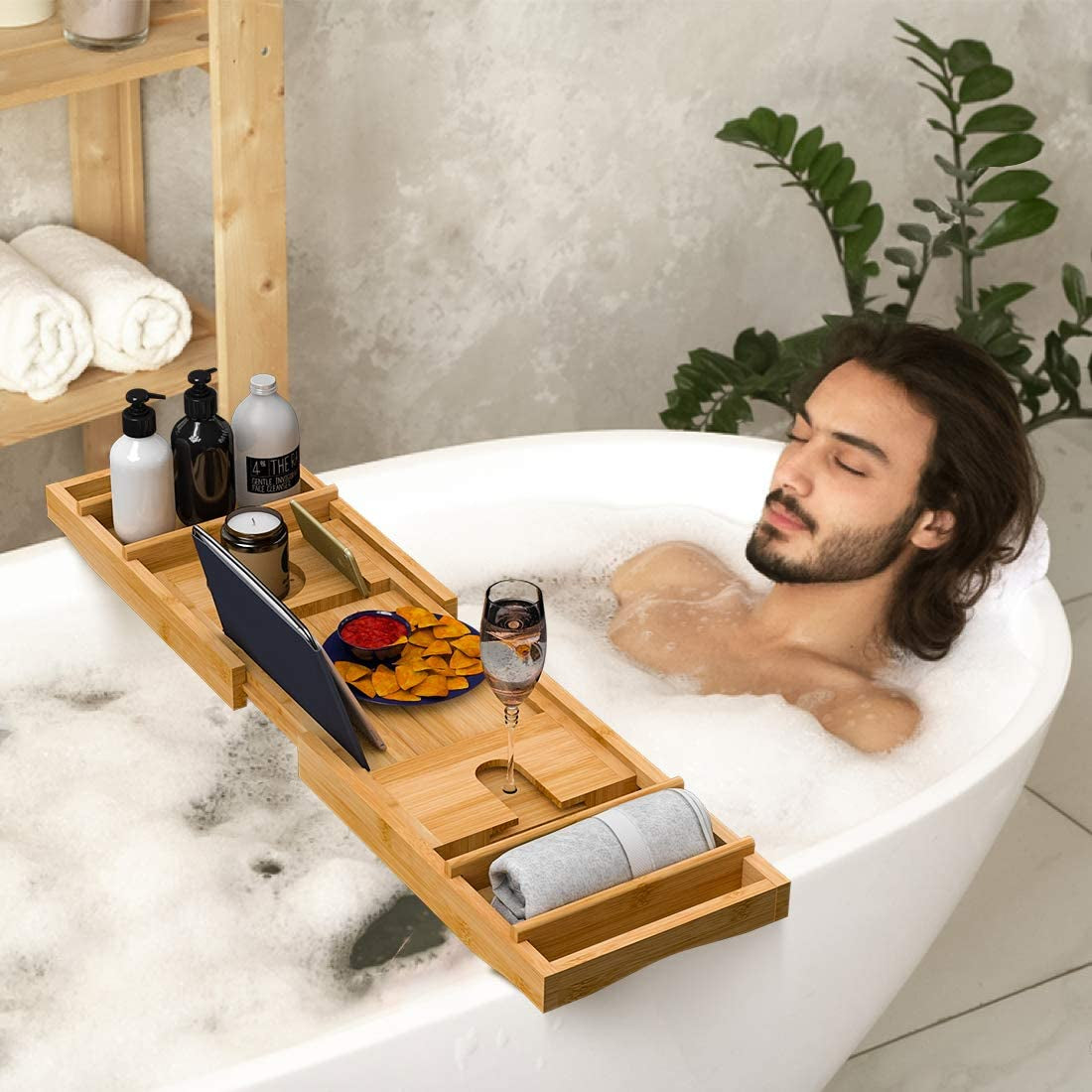 Bath Caddy Tray for Bathtub - Bamboo Adjustable Organizer Tray for Bathroom with Free Soap Dish Suitable for Luxury Spa or Reading