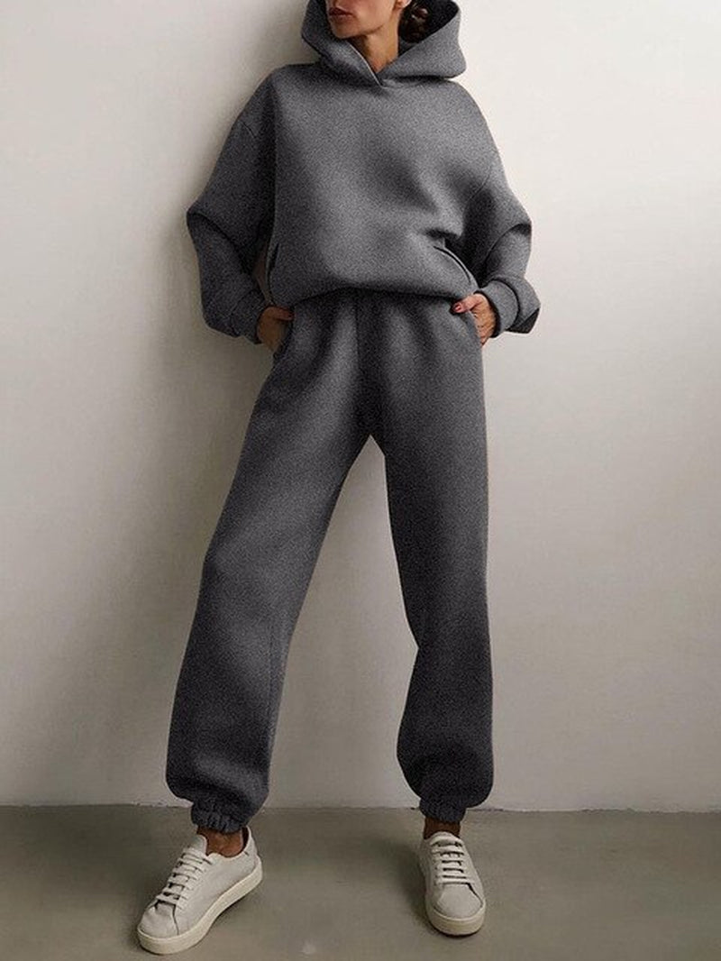 Women Fleece Two Piece Sets Elegant Solid Color Oversized Warm Hoodies and Long Pant Sports Suit Autumn Winter Tracksuit 2021