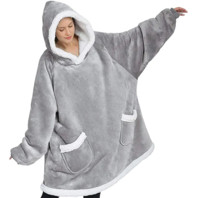 MIDSUM Winter Hooded Sweater Blanket Women Oversized Fleece Blanket with Sleeves Large Pocket Warm Thick TV Hoodie Robe Couple