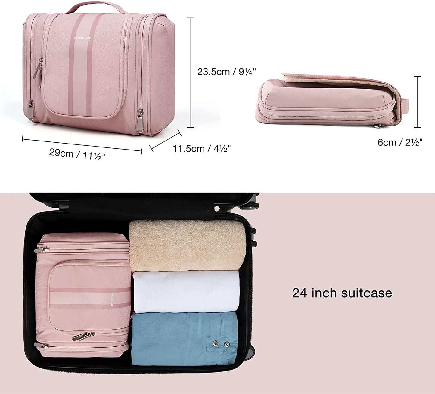 Toiletry Bag for Women, Travel Toiletry Organizer with Hanging Hook, Water-Resistant Cosmetic Makeup Bag Travel Organizer for Shampoo, Full-Size Container, Toiletries, Pink-Medium