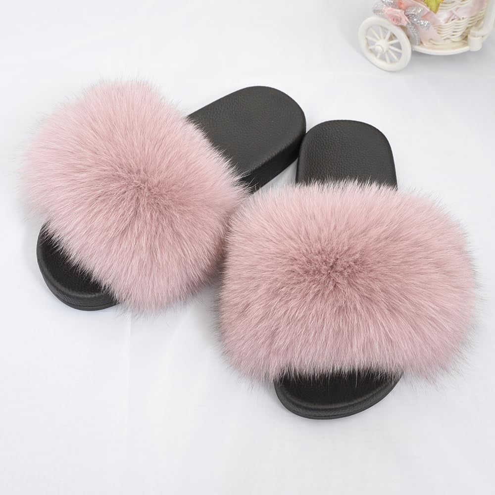 Real Fox Fur Slides for Women - Furry Slides Fluffy Fur Slippers Open Toe Flat Slides Fur Sandals Outdoor