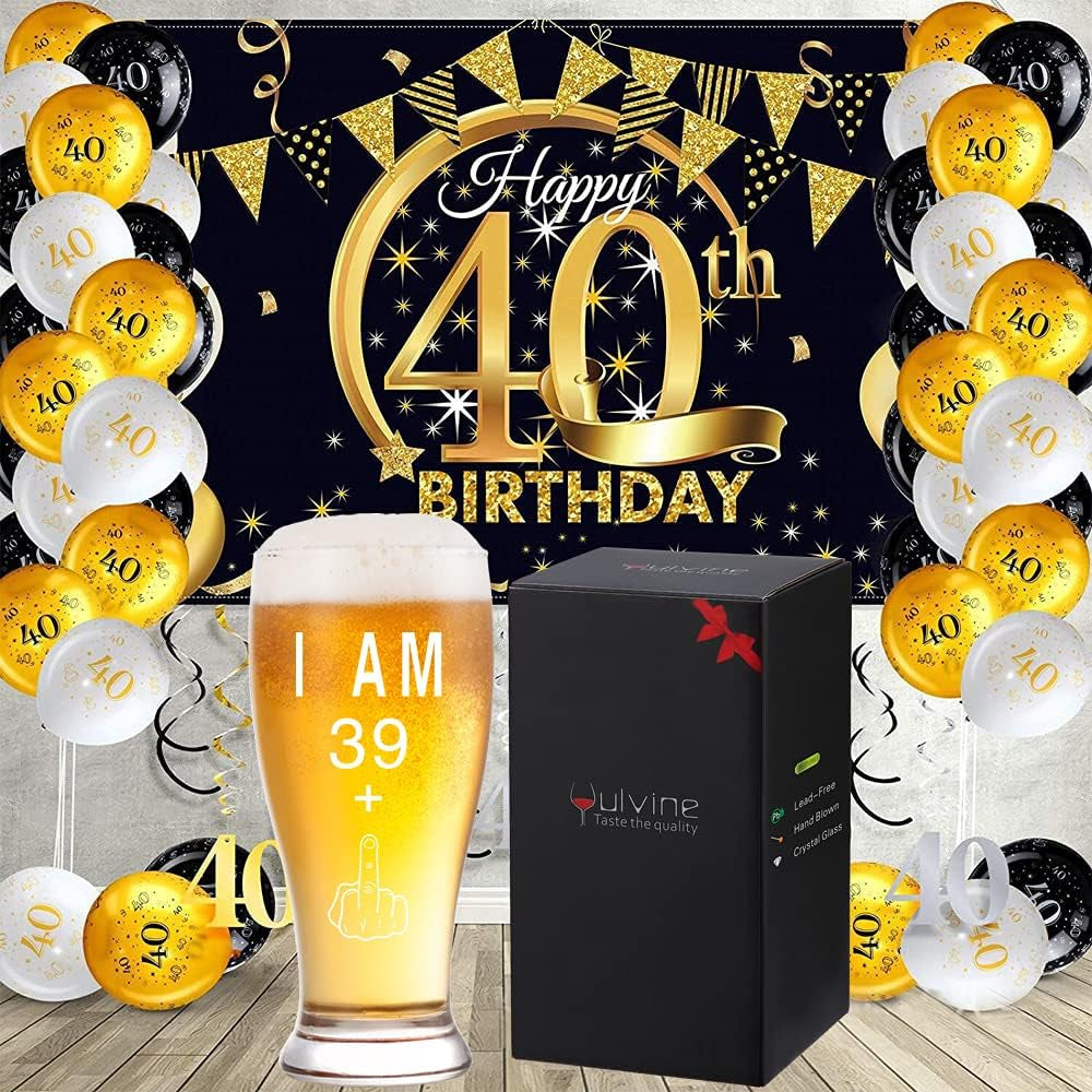 Funny 40Th Birthday Gifts for Men Happy Man 40 Year Old Gift Ideas for Mens Gag Gifts for Men'S 40Th Bday Party Decorations Supplies for Him Husband Turning 40 I Am 39+ Beer Glass 13Oz