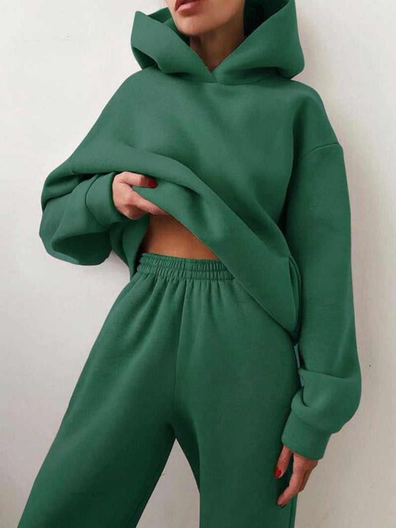 Women Fleece Two Piece Sets Elegant Solid Color Oversized Warm Hoodies and Long Pant Sports Suit Autumn Winter Tracksuit 2021