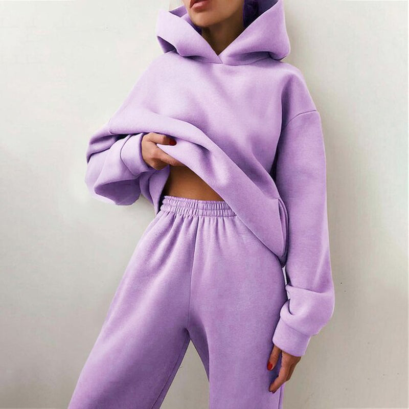 Women Fleece Two Piece Sets Elegant Solid Color Oversized Warm Hoodies and Long Pant Sports Suit Autumn Winter Tracksuit 2021